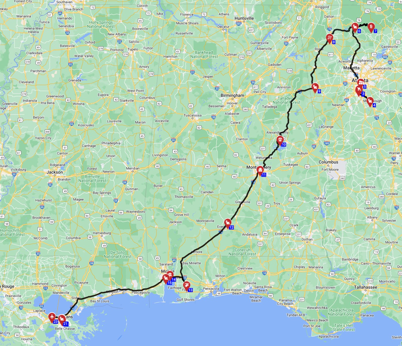 RV trip plan USA from Atlanta to New Orleans motorhome route